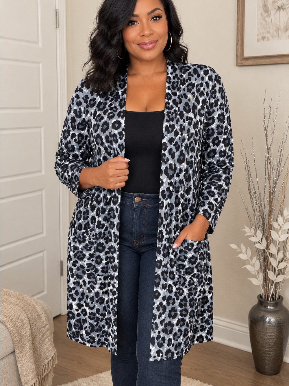 Leopard Print Open-Front Cardigan Robe - Black & Gray